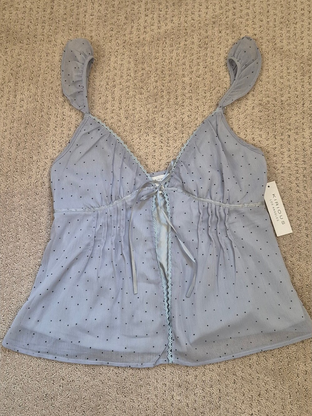 Kirious Los Angeles Blue Polka Dot Chiffon Babydoll Top Medium NWT